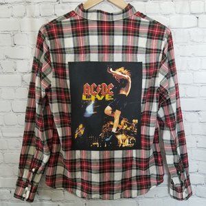 Upcycled AC/DC Plaid Shirt L Red White Black